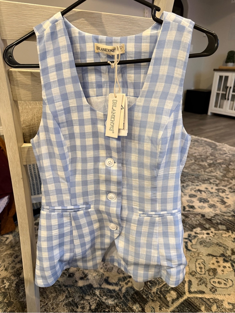 Blank NYC Light Blue & White Gingham Button Vest